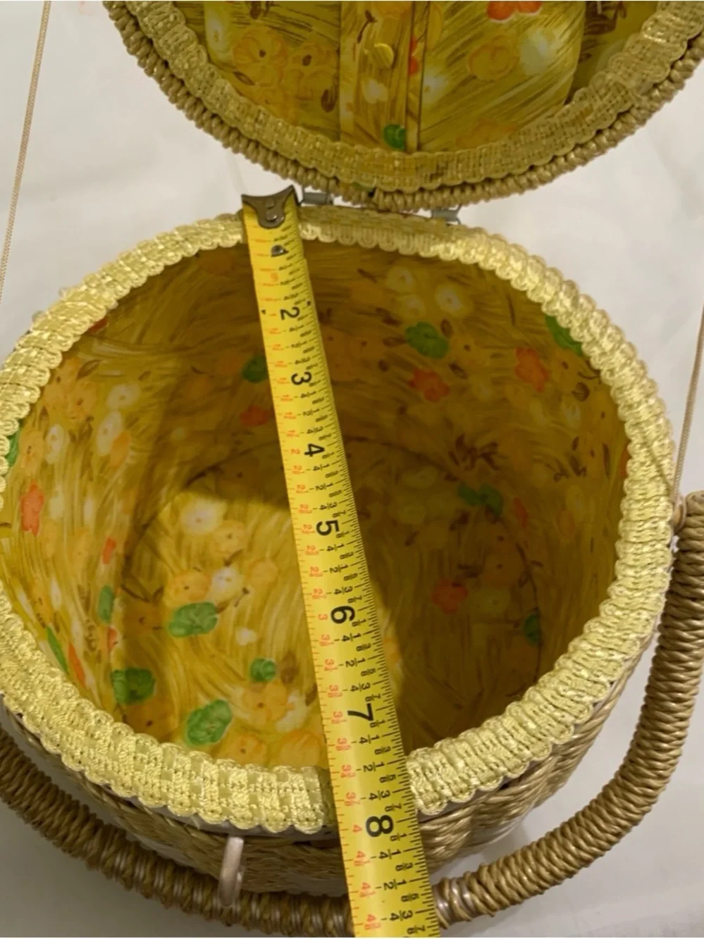Vintage Round Woven Wicker Sewing Basket Box Japan Floral Quilted Cushion Lid